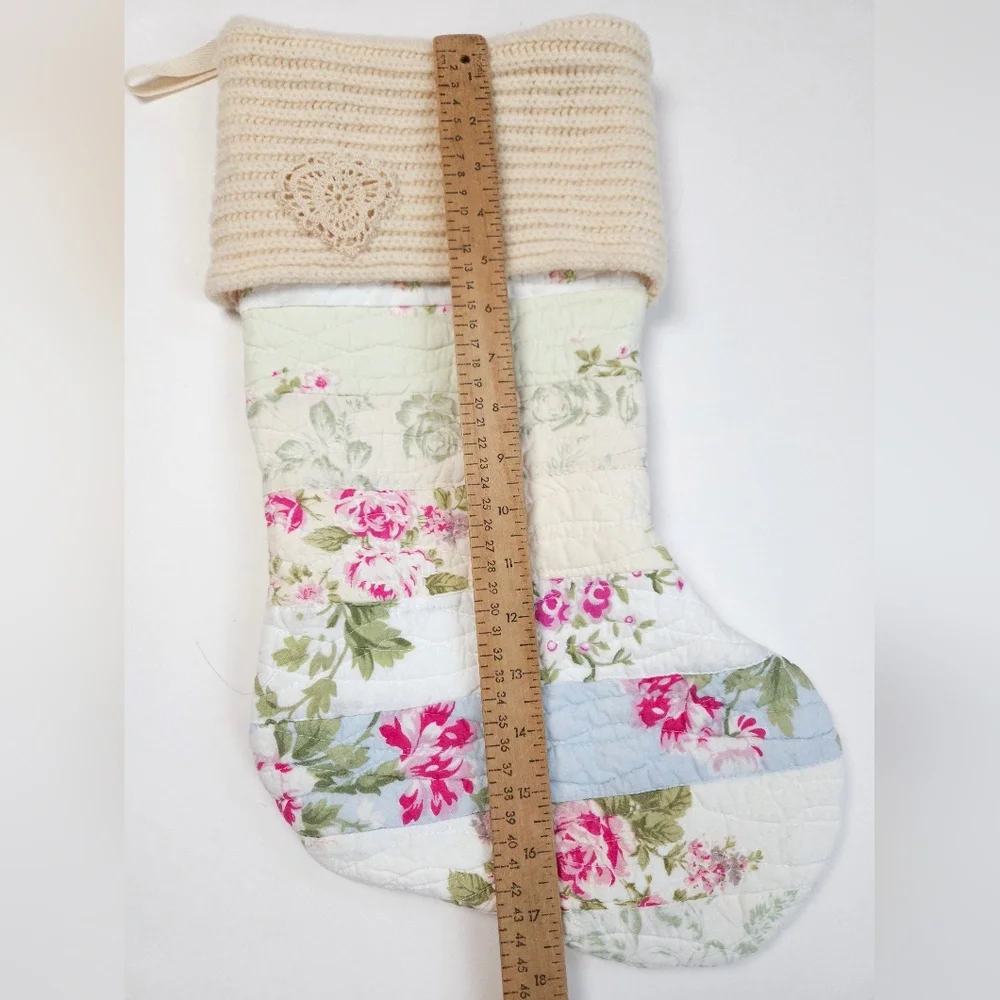 Upcycled Quilted Shabby Chic Christmas Stocking Ivory and Pink Floral